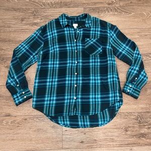 A New Day Button Front Flannel Shirt Teal Plaid - Size Large